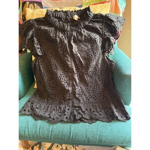 Jennifer & Grace Black Eyelet Top Ruffle Mock Neck Short Sleeve Blouse - Medium